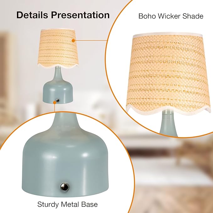 Cordless Boho Table Lamp Blue, Scalloped Wicker Shade, 5200-mAh Rechargeable Battery, 3-Way Dimmable, Build-in Integrated LED 320 Lumen Max, for Bedside Living Room