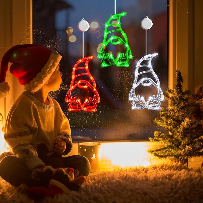 LOLStar Christmas Window Lights 3 Pack Red White and Green Gnomes Xmas Lights with Suction Cups 2025 Upgrade Timer Function and Slowly Fade Mode Battery Operated Indoor Decors Christmas Decorations