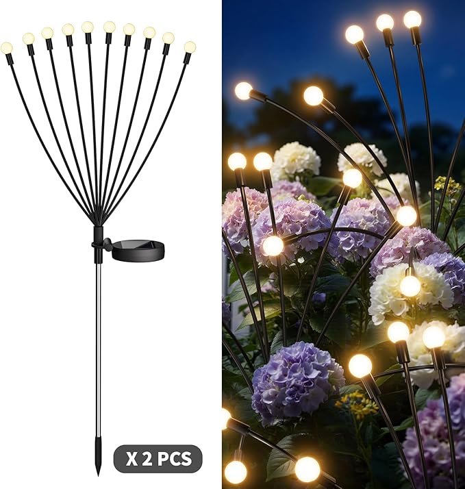 Outdoor Solar Lights Waterproof (2 Pack, 20 LED), Fairy Garden Decor, Fairy Tale Courtyard Decor, Firefly Lights, Solar Garden Lights, Solar Landscape Lights, Gifts for Women Who Have Everything