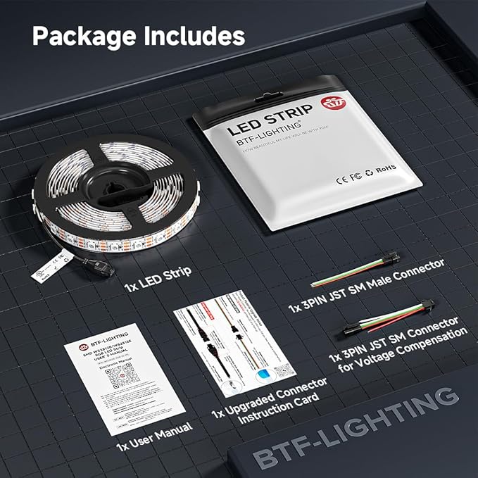 BTF-LIGHTING WS2812B ECO RGB LED Strip,UL Listed,Individually Addressable,16.4FT 60LED/m 300Pixel DC5V 5050SMD,Alloy Wire Flexible 3M Tape for DIY Chasing Color Project IP30(No Adapter or Controller)