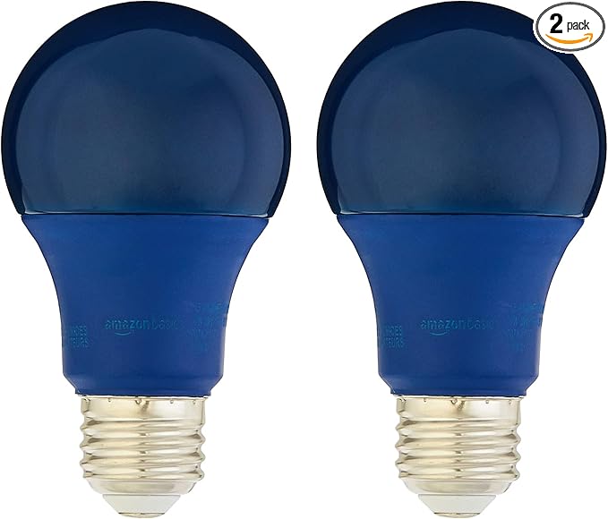 Amazon Basics A19 Blue Color Party LED Light Bulbs, 60W Equivalent, 9W Energy Efficient, E26 Standard Base, Non-Dimmable, 10,000 Hour Lifetime, 2-Pack