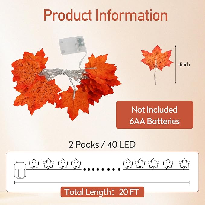 2 Packs Fall Decor Maple Leaves String Light,Waterproof Total 20Ft 40 LED, Battery Operated String Light for Home Mantel Porch Door Indoor Outdoor Halloween Thanksgiving Decor