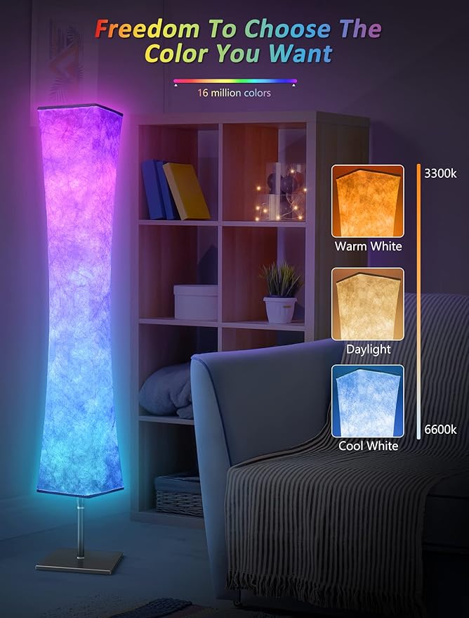 Torchlet RGB Led Smart Lamp Alexa APP Control, Color Changing Modern Floor Standing Lamp with DIY Mode, Music Sync and White Fabric Shade for Living Room Bedroom Game Room