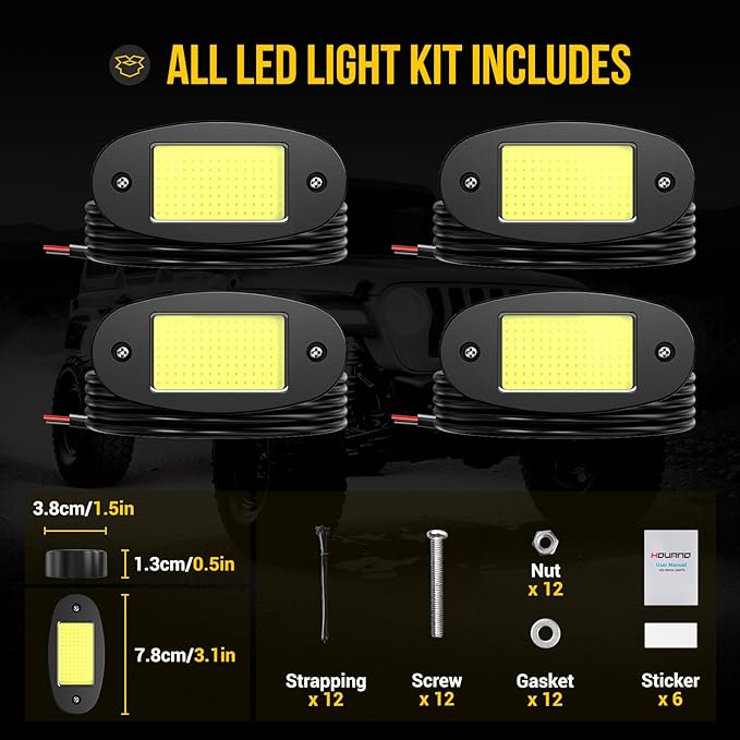 4 Pods COB White Rock Lights, 120 COB Chips 6500K Pure White Super Bright Neon Underglow, IP68 Waterproof Shockproof Off-Road Light Kit for Pickup Trucks, SUV, UTV, ATV, RZR, Cars Boats