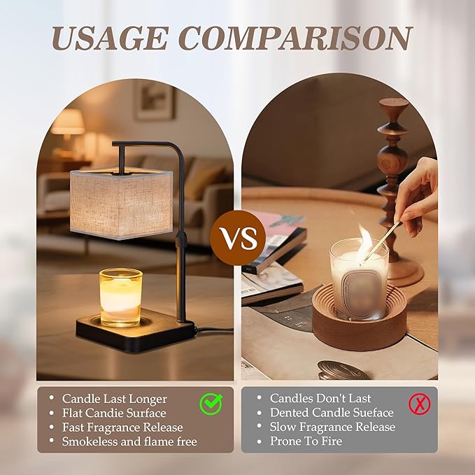 Candle Warmer Lamp with Timer & Dimmable, Height Adjustable Wax Warmer with Linen Shade & 2 Extra Bulbs, Flameless Candle Melter for Jar Candles, Gifts & Bedroom Decor