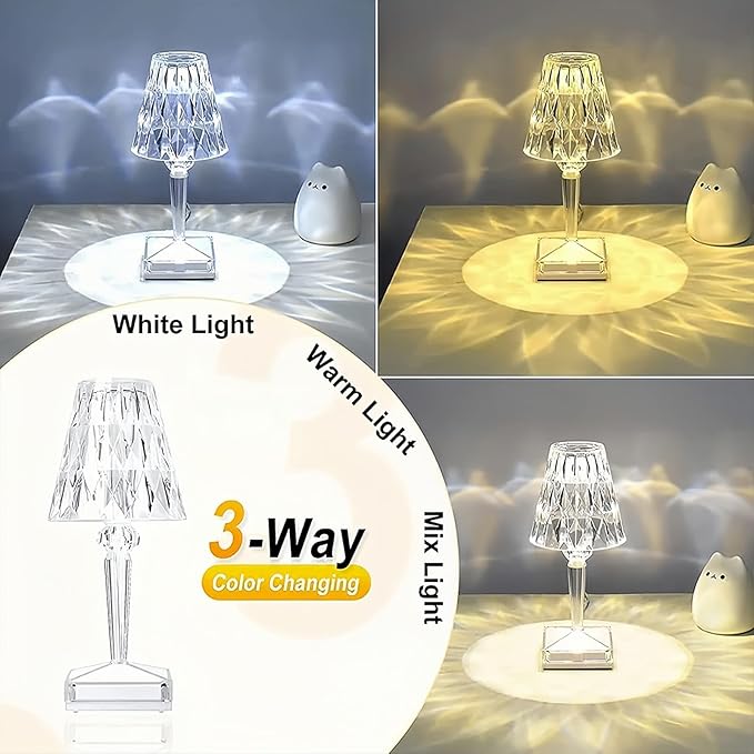 Crystal Cordless Lamp, Touch Dimmable 3 Color LED Rechargeable Romantic Small Lamp, Battery Operated Decor Night Light for Bedroom, Living Room, Party, Dinner, Bar