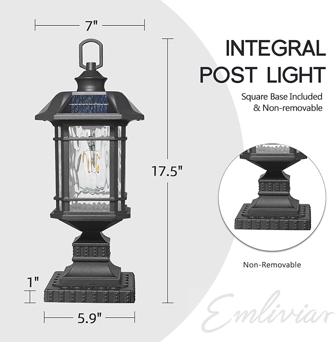 Emliviar Integral Solar Lamp Post with Fixed Pire Mount Base, Matte Black LED Fence Deck Pilllar Lighting for Patio, Portable Outside Solar Panels Lamp with Water Grain Glass, 2084P-ML SL BK