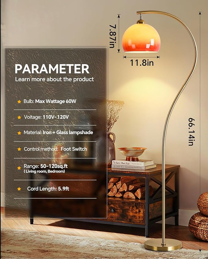 Arc Floor Lamp with Sunset Orange Glass Shade, Atmosphere Mid-Century Modern Mushroom Tall Lamp, Gold Vintage Floor Lamp for Living Room Corner Bedroom, Bulb Included, Orange Gold
