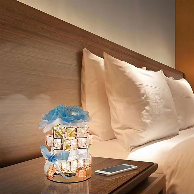 Rose Crystal Table Lamp, Rechargeable Cordless Rose Light 3 Colors Dimmable LED Flower Lamp for Bedroom Living Room Decor, Valentine Birthday Gift for Her (Blue)
