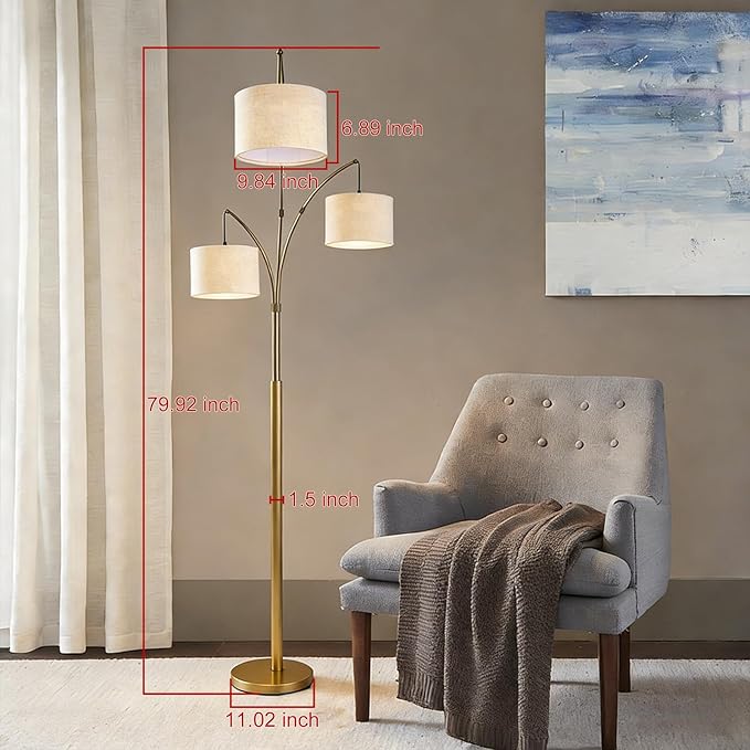 Dimmable Arc Floor Lamp, Gold Pole Standing Lamp with Linen Shade and Heavy Base, Remote Control with Stpeless Color Temperatures and Brightness for Bedroom, Office