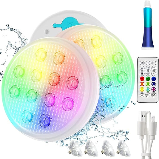 Rechargeable Pool Lights Submersible LED Lights with Remote, IP68 Waterproof Underwater Lights,16 Color Changing Floating Light with Magnet, Suction Cups for Pool,Pond,Party (2-Pack)