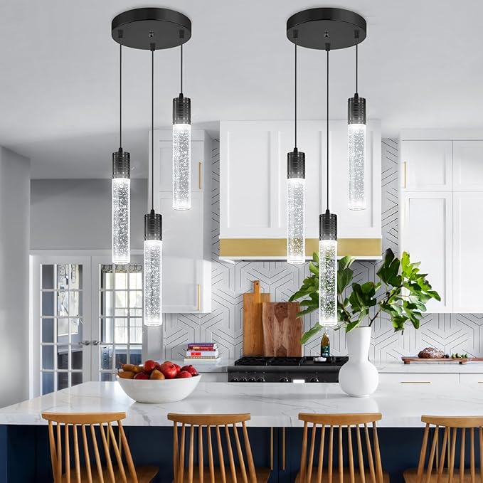 3-Lights Pendants Light for Kitchen Island Chandeliers Dining Room Pendant Lighting Fixture Bubble Crystal Ceiling Hanging Lights Bedroom Island Kitchen 6000K White Light Fixtures Black