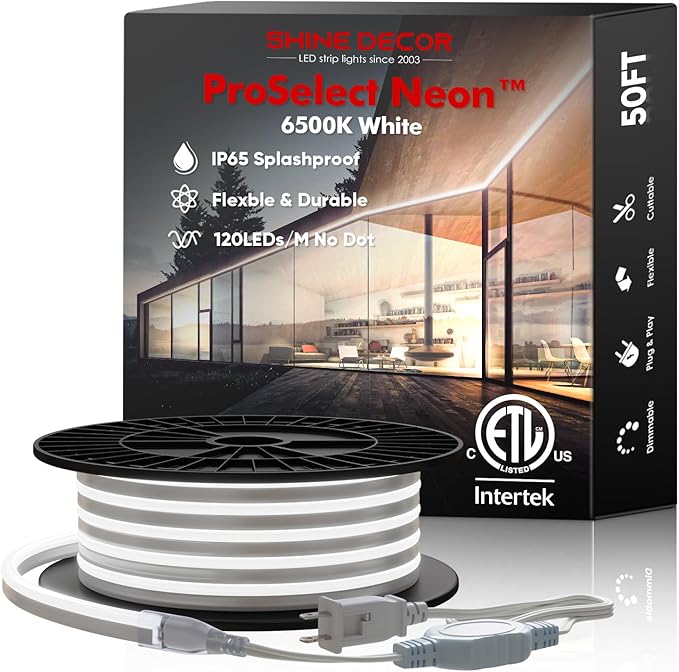 Shine Decor LED Neon Rope Lights AC 120V, ETL-Listed Flexible 120LEDs/M Dotless Strip Lighting, Custom Cuttable & IP65 Waterproof for Indoor Outdoor, 7x14.5mm, 6500K Cool White, 50FT