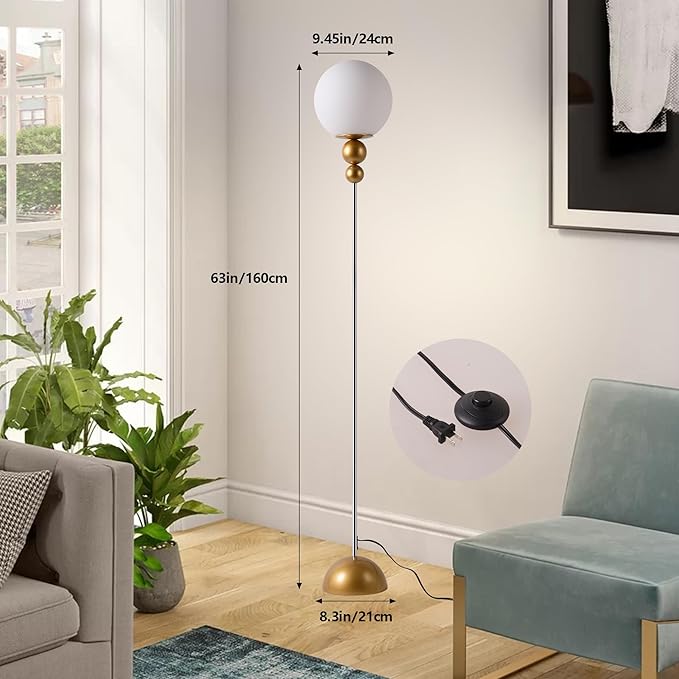 Modern Floor Lamps for Living Room, Globe Glass Shade Floor lamp for Bedroom, LED Standing lamp for Office, Corner