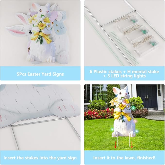 Extra Large Easter Decorations Outdoor Bunny Yard Signs 3pcs with Stakes Cute Bunny Yard Decorations with LED Lights Holiday Welcome Signs for Party, Lawn, Garden Yard Decor