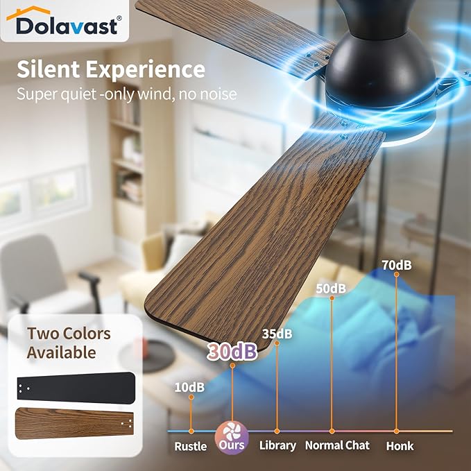 Ceiling Fans with Lights, 52 inch Low Profile Ceiling Fan with Light and Remote Control, Flush Mount, Reversible, 3CCT, Dimmable LED, Noiseless, Black Ceiling Fan for Bedroom, Living Room