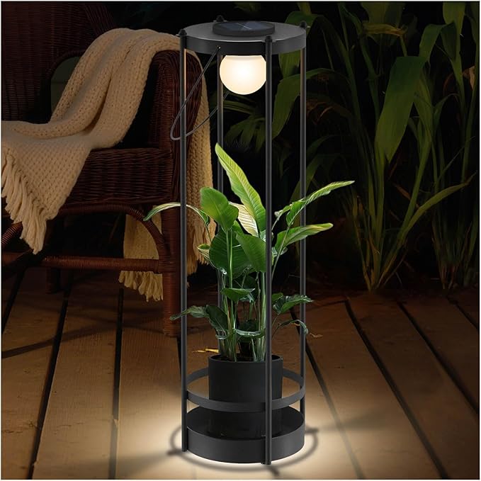 Outdoor Solar Floor Lamp with Plant Stand – Tall Solar Powered Patio & Garden Floor Light, Waterproof Standing Lamp for Yard, Porch & Outdoor Décor (35.5" H - 1Pack)