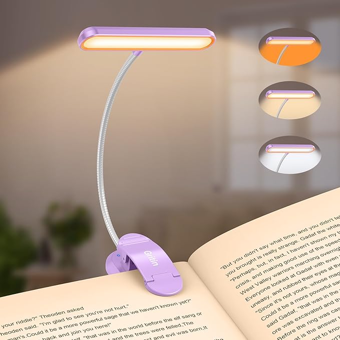 Gritin Rechargeable Book Light for Reading in Bed with 19 LED &Memory Function-Eye Caring 3 Color Temperatures,5 Brightness Levels,90 Hrs Runtime Flexible Goose Neck Clip on Light-Purple