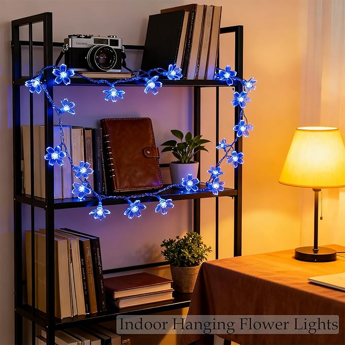 Cute Blue Cherry Blossom Flower Fairy String Lights Indoor Bedroom Decor, 10ft 30 LED Battery & USB Operated Lighted Up Floral lamp for Birthday Wedding Home Valentine Party Decorations (Blue)