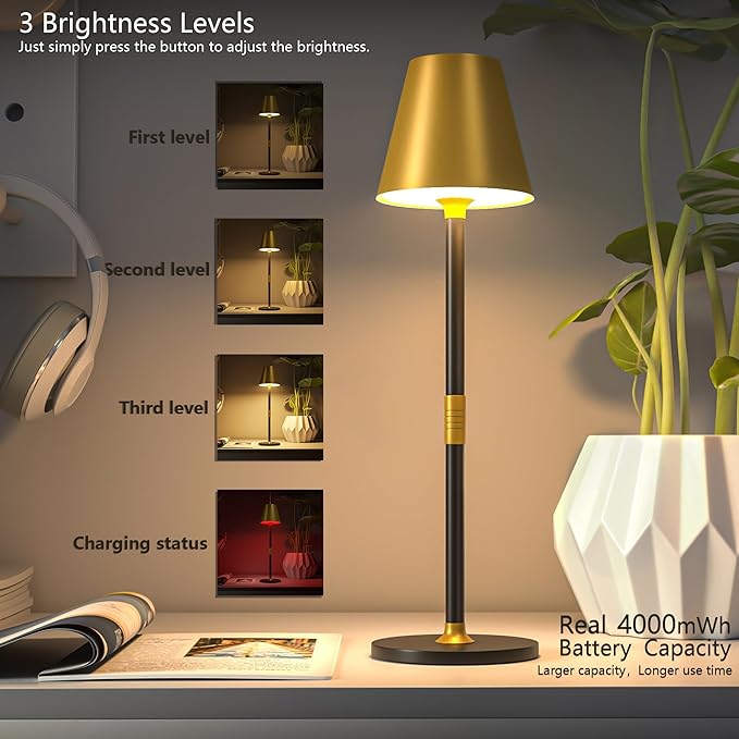 2-Pack Cordless Table Lamps - 5000mAh Rechargeable Battery Operated Desk Lamp, 3-Level Dimmable LED Night Light for Bedroom, Dining, Restaurant - Metal Design(Gold&Black 2-Pack)