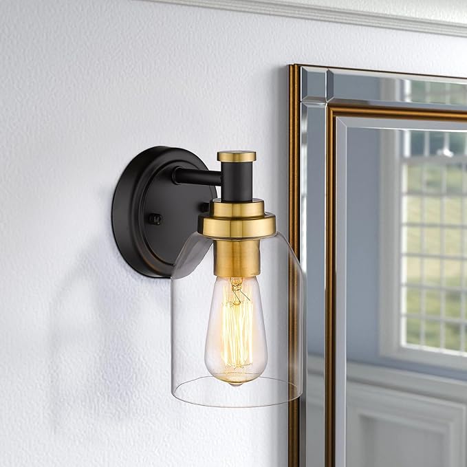 zeyu 1-Light Bathroom Sconces Wall Lighting, Modern Vanity Wall Lamp, Black and Gold Finish with Clear Glass Shade, ZG33B BK+BG