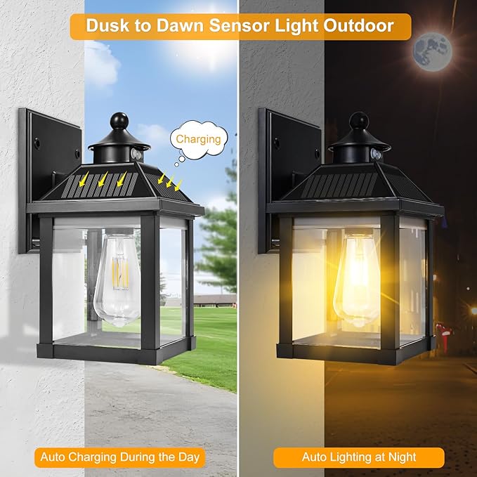 2 Pack Solar Wall Lights Outdoor, Dusk to Dawn LED Porch Lights Fixture, Motion Sensor Solar Sconce Waterproof with 3 Modes Wall Mounted for Garage Patio Front Door Backyard 6.7"x6.7"x11.7"