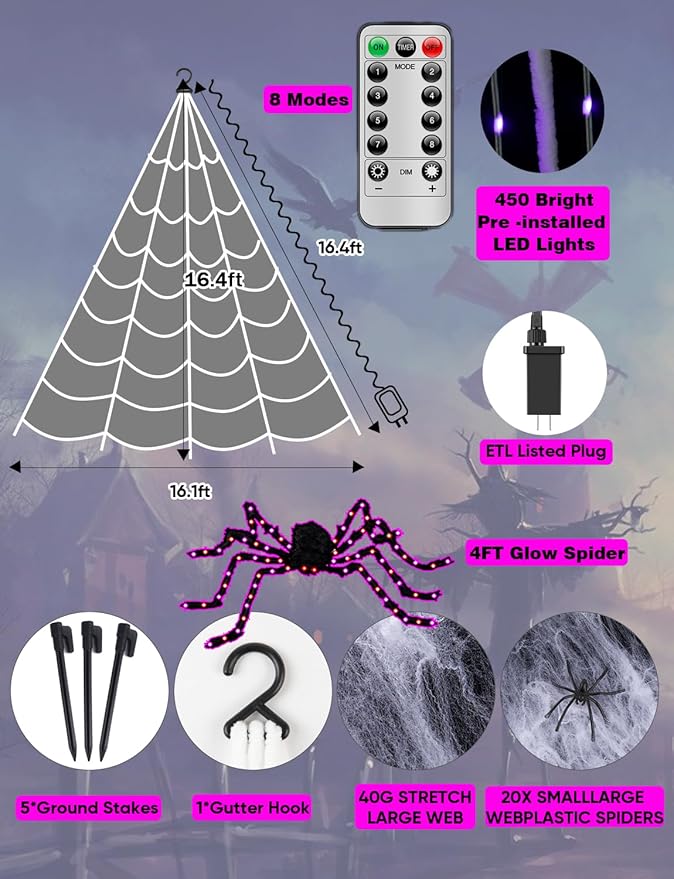 Spider Webs Halloween Decor Lights - 450 LEDs Outdoor Halloween String Lights with 60" Light Up Spider,8 Modes Remote Control 16.4Ft Spiderweb,Waterproof (New Orange-Purple Grid Luminous Net)