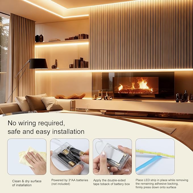 Battery Powered LED Strip Lights, 3.3FT COB LED Strip Light, Battery Operated LED Lights, Warm LED Strip Lights Battery Powered for Closet, Cabinet, Shelf, Kitchen, DIY Lighting