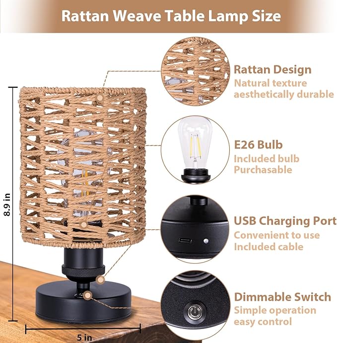 Cordless Outdoor Table Lamps, Small Rattan Boho, Rechargeable Battery Operated for Outdoor Patio, Home, Living Room, Bedroom, Bedside - Set of 2 (Beige-B)