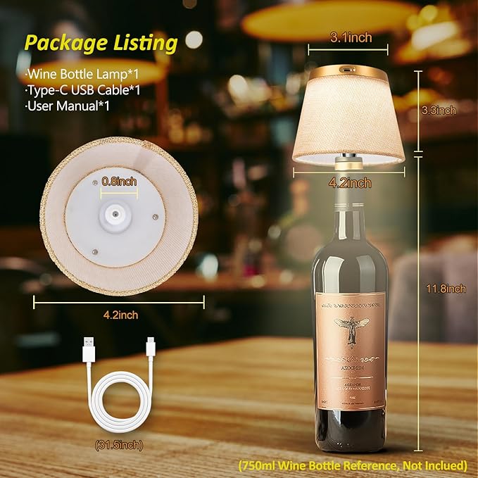 2025 New Bottle Lamp - LED Bottle Lights for Liquor & Wine Bottles, Cordless Lampshade, Whiskey Bottle Top Light, Bottle Stopper Night Light Kit, Rechargeable 3-Tone Touch-Dimmable