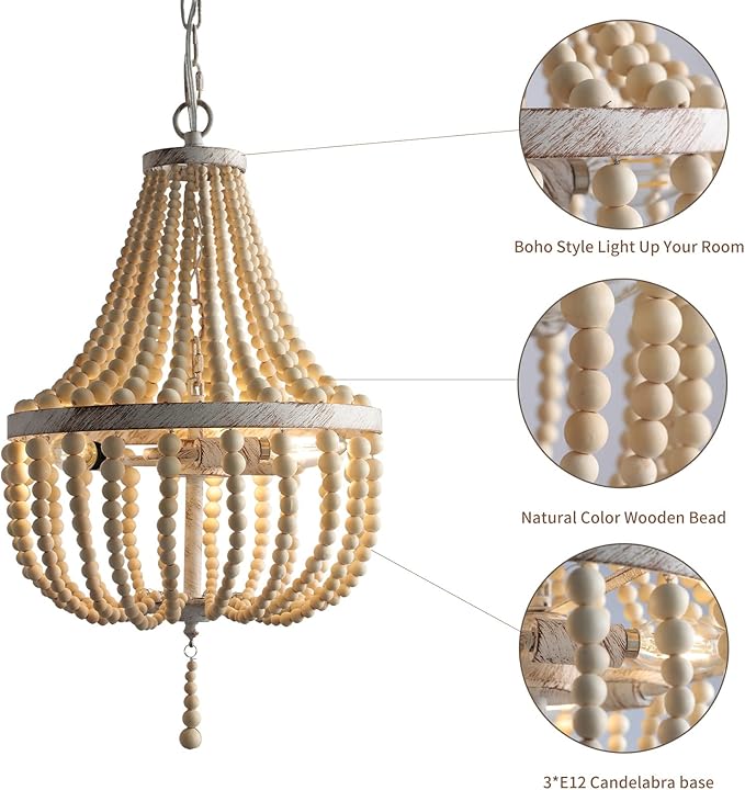 3-Light Mini Wood Beaded Bohemian Plug in Chandelier Dimmable and Timer Pendant Light Fixture with 16.4ft Swag Cord,Antique Metal Finish Natural Color Beads,Dining Room,Living Room,Foyer,Bedroom…