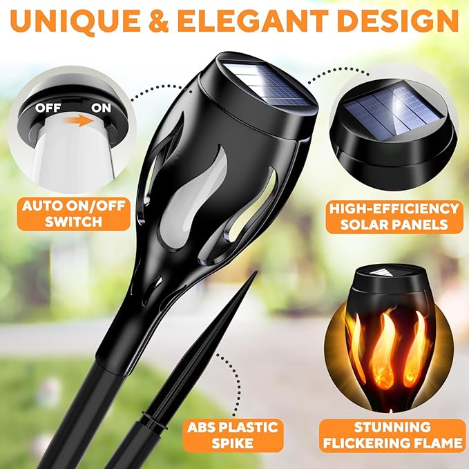 Beautiful Solar Lights for Outside 6-Pack - Premium Solar Tiki Torches with Flickering Flame - Waterproof, Auto On/Off - Perfect for Your Outdoor, Yard, Patio, Pathway & Garden