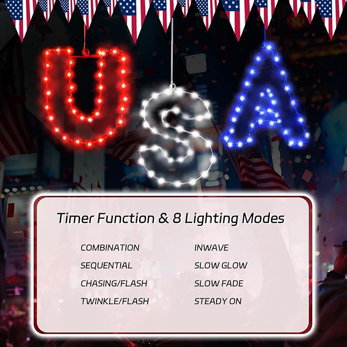 4th of July Window String Lights, USB Powered Twinkle Light for Independence Day Decorations, Memorial Day & Wedding Lights - Red White Blue Hanging Light with 68 LEDs for Trees & Home Decor