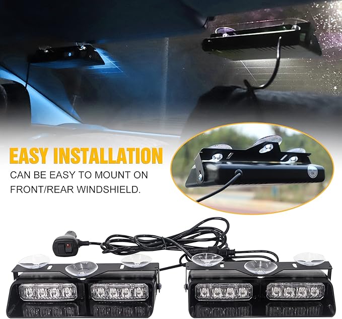 XRIDONSEN 2 in 1 Blue White Emergency Dash Strobe Lights Interior Front/Rear Windshield Lights Warning Safety Flashing Volunteer Firefighter Police Lights for Vehicles, Trucks (2x7.16 inch, 16 LED)