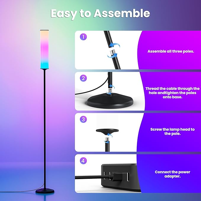 RGB Cylinder Floor Lamp, 1500Lumen Smart Floor Lamps, DIY Mode, Music Sync, Compatible with Alexa, Google, and Apple, for Living Room, Bedroom, Gaming, with Three Stickers