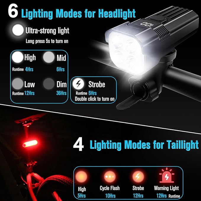 Super Bright Real 2000 Lumens Bike Lights for Night Riding,Rechargeable Bicycle Lights Front and Rear,Road Mountain Bike Headlight and Taillight,IP65 Waterproof Bicycle Headlight