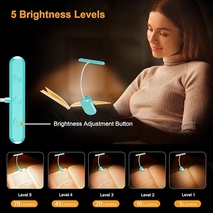 Gritin Rechargeable Book Light for Reading in Bed with 19 LED &Memory Function-Eye Caring 3 Color Temperatures,5 Brightness Levels,90 Hrs Runtime Flexible Goose Neck Clip on Light-Blue