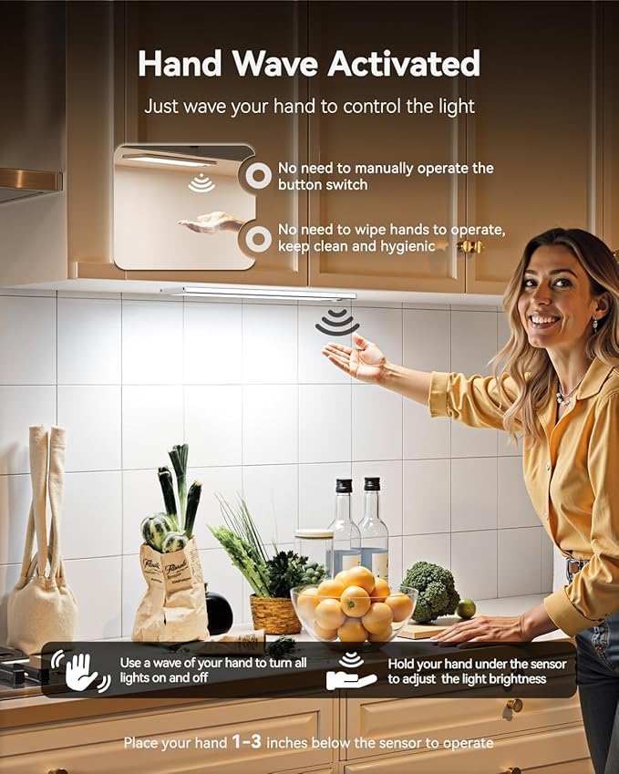 Under Cabinet Lighting Wireless,750LM Ultra-Bright Hand Wave Motion Sensor, 6000mAh Rechargeable Battery Longer Lasting Time Pantry Lights,3 Colors Dimmable Closet Light for Kitchen,Wardrobe,Stairs
