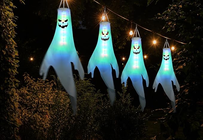 Halloween Ghost Decorations Outdoor: 2 Pcs Spooky Hanging Ghosts for Tree, Porch, Garden, Yard - Waterproof Colorful Halloween Decor With Timer