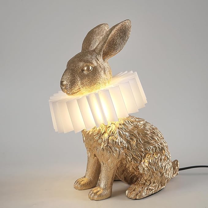 Scarf Rabbit Table Lamp,Resin Crafted Gold Bunny Lamp Featuring White Pleated PC Lampshade,USB Plug,Energy-Efficient Nightstand Lamp (Gold Sitting)