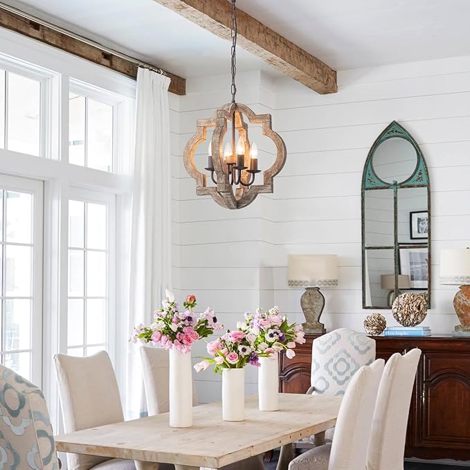 15.75" Oak Farmhouse Chandeliers for Dining Room Distressed Wood Pendant Light Fixture 4-Light Rustic Ceiling Hanging Light for Kitchen Island Bedroom Hallway Entryway Foyer E12*4