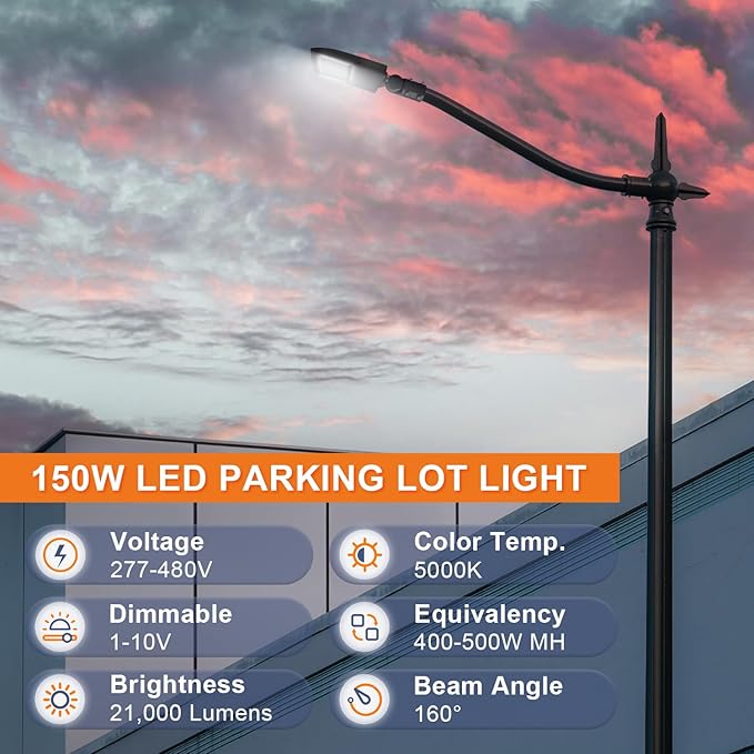 480V 150W LED Parking Lot Light, 21000LM LED Shoebox Street Flood Light (500W MH/HPS Equiv.), 5000K Dimmable Commercial Area Lighting with 20KV Surge Protection, IP65 277-480V UL&DLC Listed