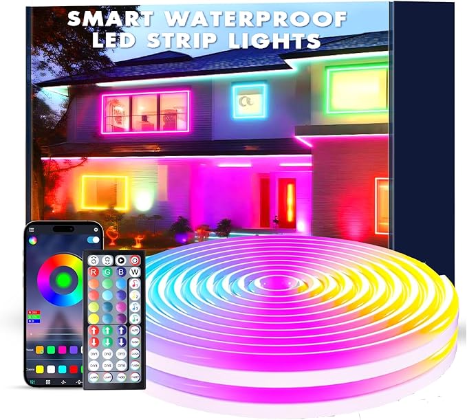 LED Neon Light Cord with Remote Control - Flexible, 60FT IP67 Waterproof, Music Sync, App-Controlled for Gaming & Bedroom Decor