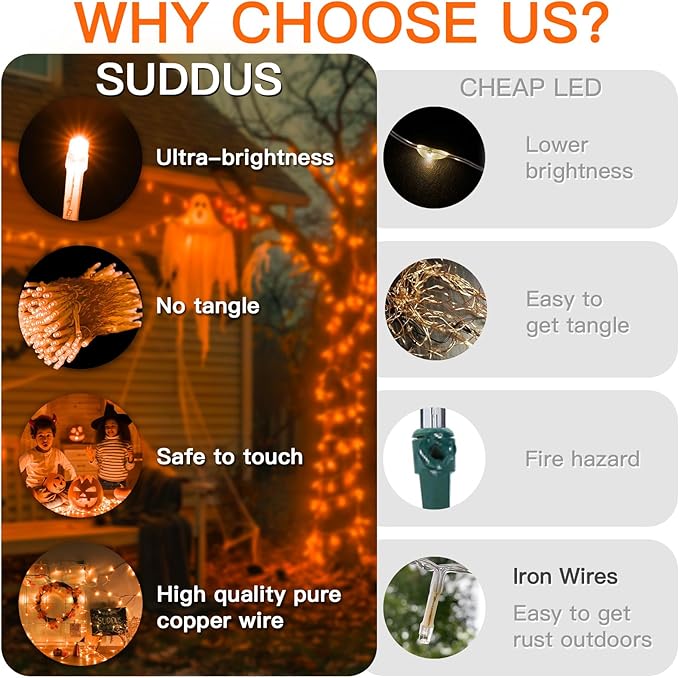 suddus Orange String Lights Outdoor with Remote, 33ft 100 LED Connectable Waterproof Halloween Lights Plug in, Dimmable Clear Wire Fairy Lights for Fall,Thanksgiving, Party, Garden, Porch, Dorm Decor