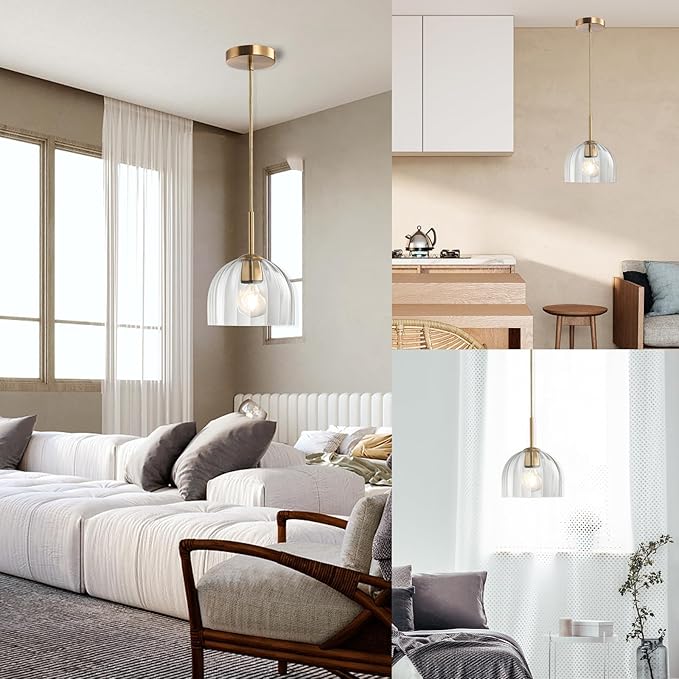 Modern Pendant Light Kitchen Island, Nordic Boho Dome Chandelier, 7.86" Bell Lamp Shape Hanging Ceiling Lighting Fixture with Clear Striped Glass Lampshade Dining Room
