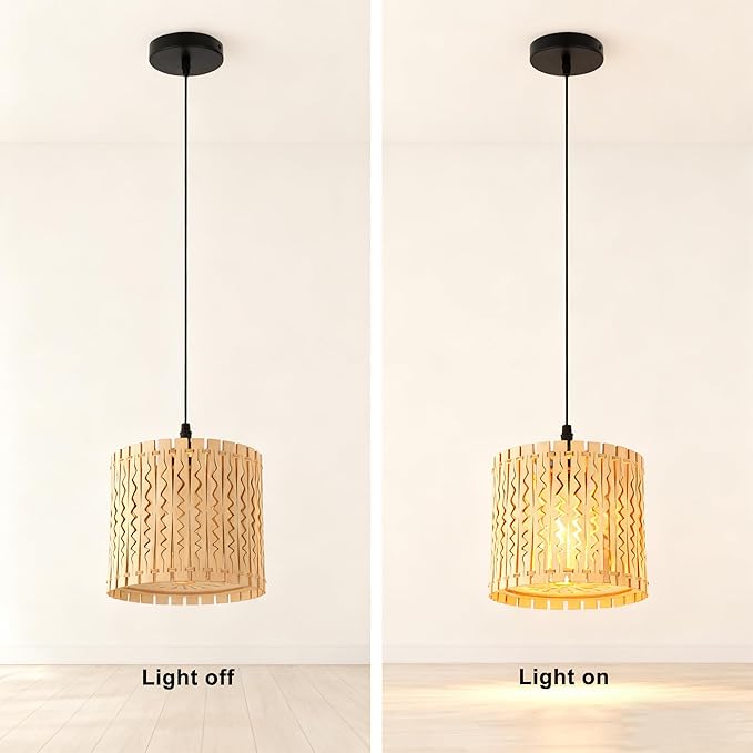Farmhouse Natural Wood Drum Pendant Light, 1-Light Rural Ceiling Hanging Lamp Lighting Fixture with 7" Lampshade, Boho Chandelier for Kitchen Island Hallway Dining Room