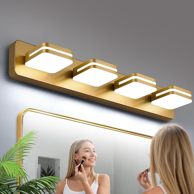 1600LM LED Modern Bathroom Vanity Light Fixtures, 360° Rotate Acrylic Gold Vanity Lights for Bathroom, Modern Wall Lighting Fixtures Over Mirror Kitchen Living Room (Natural White Light 5000K)