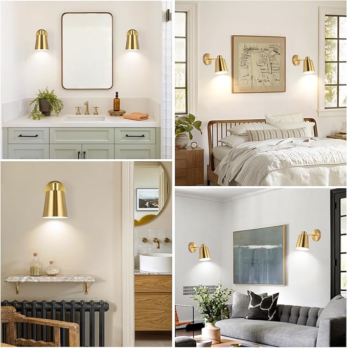 Gold Wireless Battery Operated Wall Sconces, Industrial Cordless Battery Powered Led Wall Lights Set of 2, Vintage Wall Lamp Fixture Indoor with Remote Control for Bedroom, Bathroom, Hallway