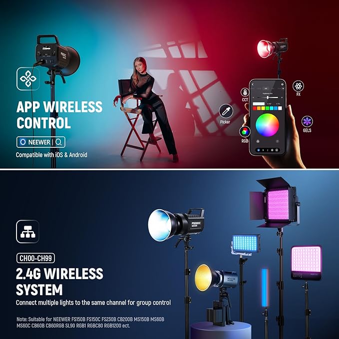 NEEWER 300W RGB LED Video Light APP/2.4G Control, 17 Effects 2500-7500K 29000lx COB Continuous Output Lighting with Cleaning Cloth, CRI95+ Bowens Mount for Studio Photography Video Recording, FS300C