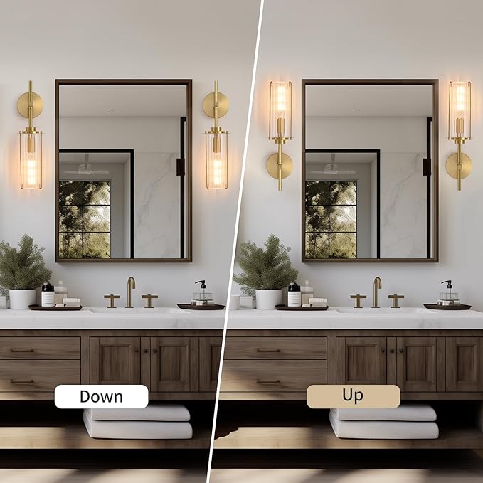 Modern Brass Wall Sconce,18" Gold Wall Sconces Set of Two,Bathroom Vanity Light Fixtures with Vertical Striped Glass Tube,Wall Light for Bedroom,Living Room,Hallway,Staircase,Mirror